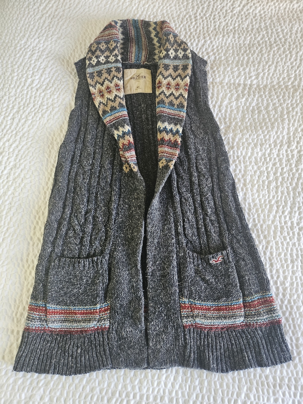 Hollister Gray Fair Isle Shawl Collar Sleeveless Knit Cardigan Fall Layers Vest